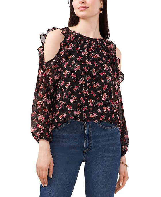 Women's Floral-Printed Ruffled Cold-Shoulder Top