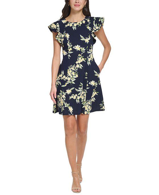 Women's Floral-Print Fit & Flare Flutter-Sleeve Mini Dress