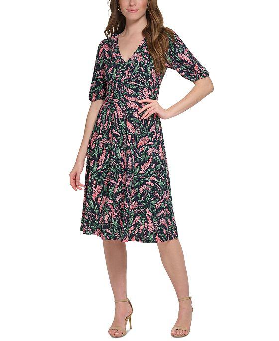 Women's Floral-Print Ruffle-Trim Elbow-Sleeve Midi Dress