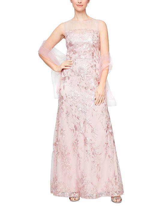 Women's Embroidered Illusion A-Line Gown & Shawl