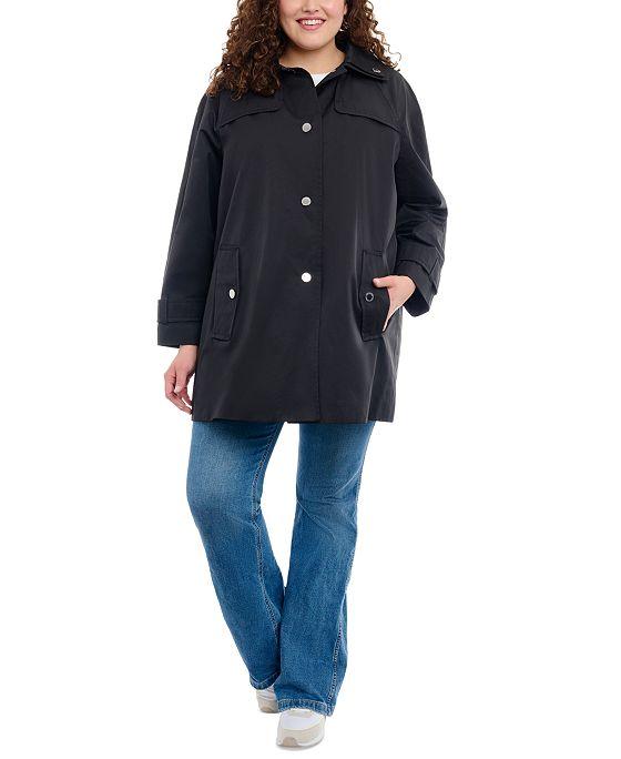 London Fog Women's Plus Size Single-Breasted Hooded Raincoat