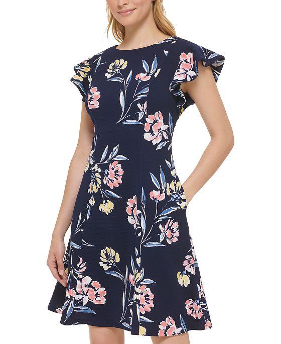 Women's Flutter-Sleeve Floral-Print Fit & Flare Mini Dress